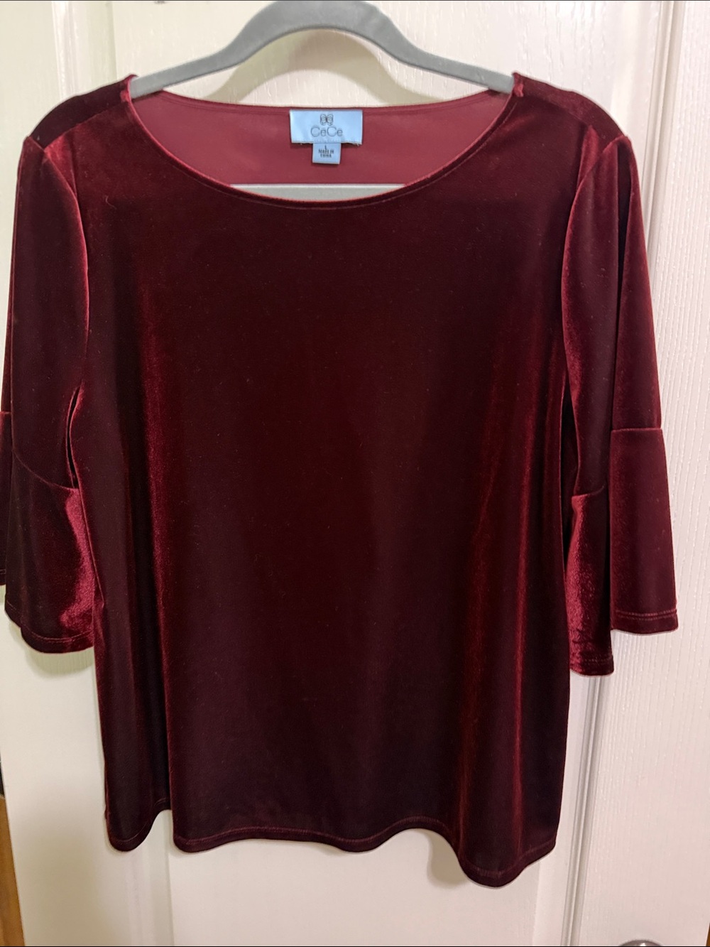 CeCe Velvet Elbow-Sleeve Tunic in Deep Burgundy